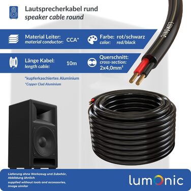 Акустичний кабель Lumonic 25м чорний, 2x CCA, HiFi, 4мм², для професійного звуку та PA систем
