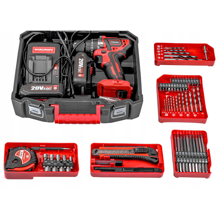 Акумуляторний шуруповерт Worcraft 20 V 2,0 Ah з кейсом та набором аксесуарів