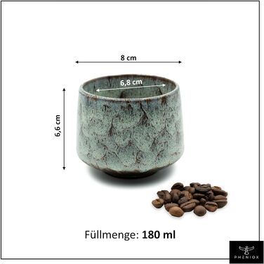 Набір чашок для еспресо Pheniox Tibet Mini (5 шт., 100 мл) | Без ручки, з кераміки, для еспресо, мокко, спецій | 4 великі чашки (180 мл, світло-зелені)