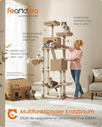 Кігтеточка Feandrea XXL, 168 см, багатоповерхова, з 13 кігтеточних стовпів, 2 платформами, 2 будиночками, гамаком та іграшками, PCT165G01, верблюжий колір