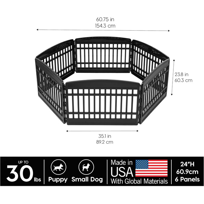 Клітка для собак IRIS USA 61 см, 6 панелей, чорна, для собак середніх та малих порід, 61 x 61 x 24 см