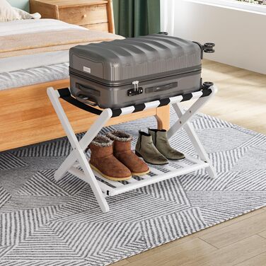 Fully assembled white luggage rack, enhanced bamboo, foldable suitcase stand with 5 nylon straps, luggage holder with shelf for guest rooms, hotel (white luggage rack, 1 piece)
