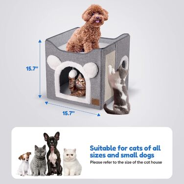 Foldable Cat House, 2-Tier Cat Cave Cube Large Space Cat Bed with Scratching Board and Play Ball for Small to Medium Pets Indoor Retreat 40 * 40 * 35cm Grey