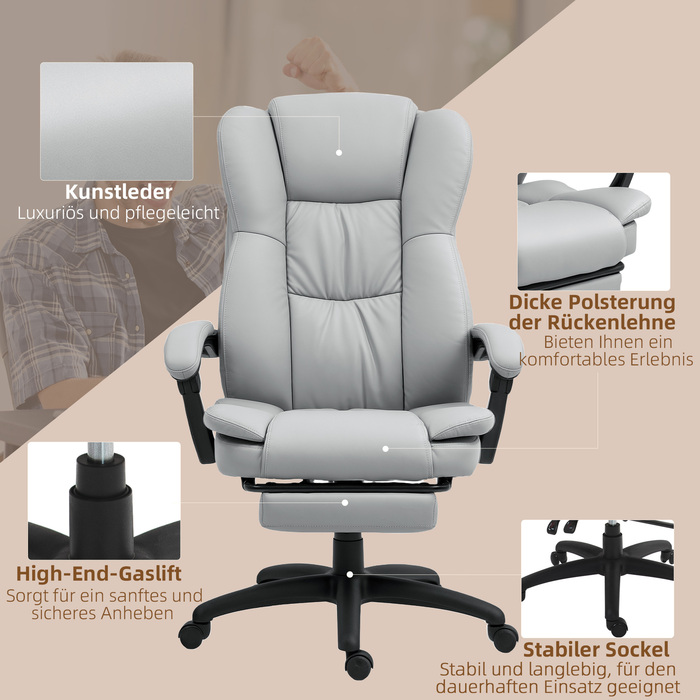 Vinsetto Adjustable Swivel Chair with Footrest, Headrest, Massage Function, Faux Leather, 68.5x68.5x113-121cm