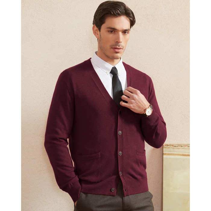 Чоловічий кардиган Kaspin з вовняної суміші, V-подібний виріз, на ґудзиках, з кишенями (Бургунді, S)