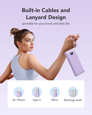 Power Bank VRURC 20000mAh з LED дисплеєм, 22,5W швидка зарядка USB-C, білий/фіолетовий