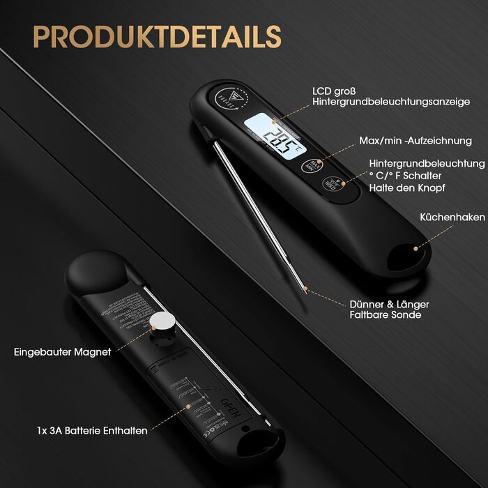 Цифровий кухонний термометр DOQAUS для приготування м'яса, випічки та грилю з LCD екраном