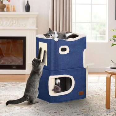 YITAHOME Cat House Indoor, Cat Bed for Indoor Cats, Cat Tunnel, Cat Cave, Small Scratching Post, Cat Furniture, Cat Bed Cave, cat caves, Cat Beds (Blue, with Platform)