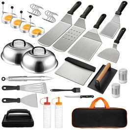 Набір шпателів для грилю з нержавіючої сталі (35 шт.) - набір для тепаньякі, сет для смаш-бургерів, з пресом для бургерів та аксесуарами для планчі, для грилю, пікніка, кемпінгу