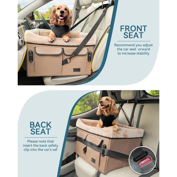 Автокрісло для собак Petsfit - середній розмір, бежеве, з ременями та кишенею