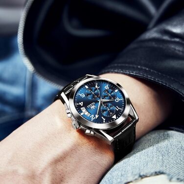 Годинник чоловічий OLEVS Vintage з шкіряним ремінцем, велике циферблат, водостійкий, з датою (2878, блакитний циферблат/чорний ремінець)