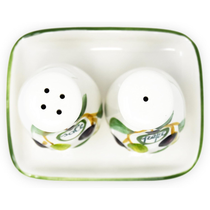 Handmade salt and pepper shaker set from Italian ceramic, 3-piece in olive green design with tray, size 14x8 cm