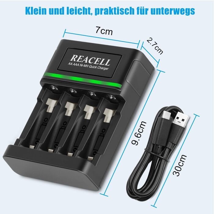 Зарядний пристрій для акумуляторів AA/AAA NiMH, LED дисплей, USB Type-C та Micro USB, швидка зарядка