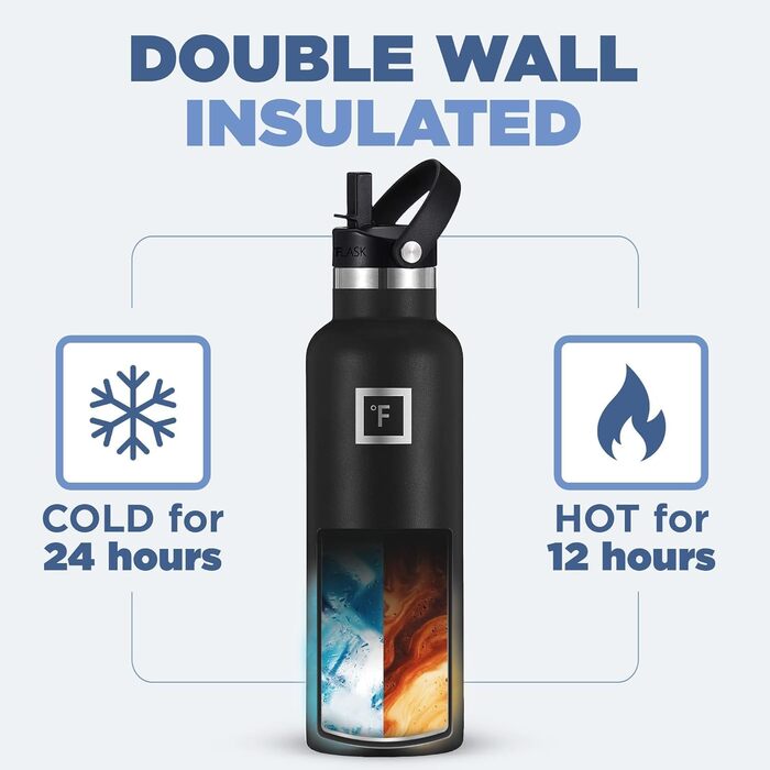 Фляга з нержавіючої сталі з 3 кришками - термофляга, витікання виключено - металева вода, подвійні стінки, ізольована, BPA-free, для спорту, школи, фітнесу, кемпінгу, колір: Чорний Полунічний, об'єм: 710 мл