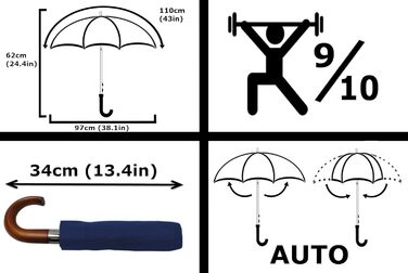 Чоловічий парасолька COLLAR AND CUFFS London 80KPH з автоматичним відкриванням, компактна, вітростійка, з дерев'яною ручкою, темно-синього кольору