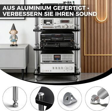 HiFi тумба з колесами для програвача, аудіосистеми та TV 60x52x78 см (алюмінієвий сплав, 4 полиці, LED-підсвітка, розетки)