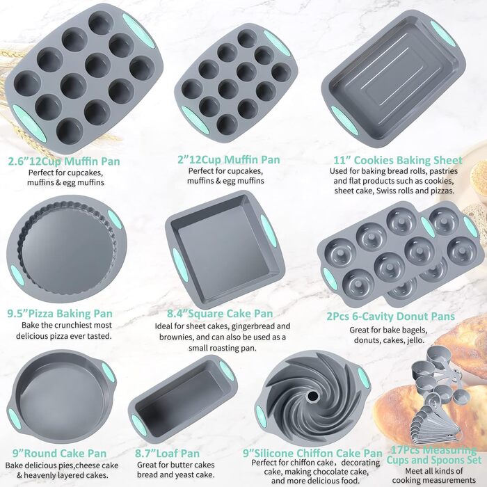 To Encounter 27 in 1 Backset – 10 Silicone Baking Molds, Cake Pans, Baking Sheet, Donut Pan, Muffin Tin With Measuring Cups and Spoons