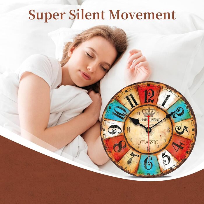 VIKMARI Quartz Wall Clock Wood Silent Hanging Clock, Battery-Powered Round Rustic Clock, Easy to Read Vintage Interior Wall Clock ||14' (Colorful Arabic Numerals, 20 cm)