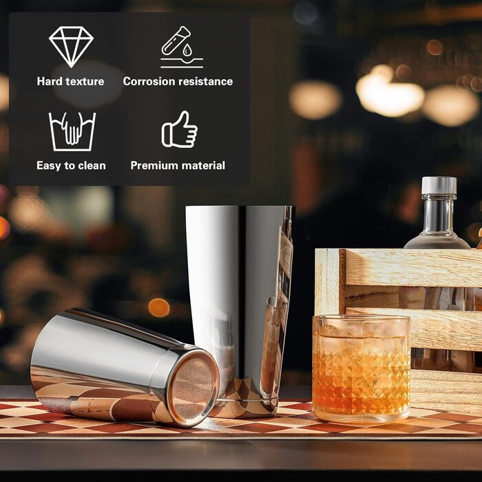 Набір для коктейлів WOTOR Boston: шейкер 18oz та 28oz, сито, подвійний джигер, професійний барний інвентар (срібло)