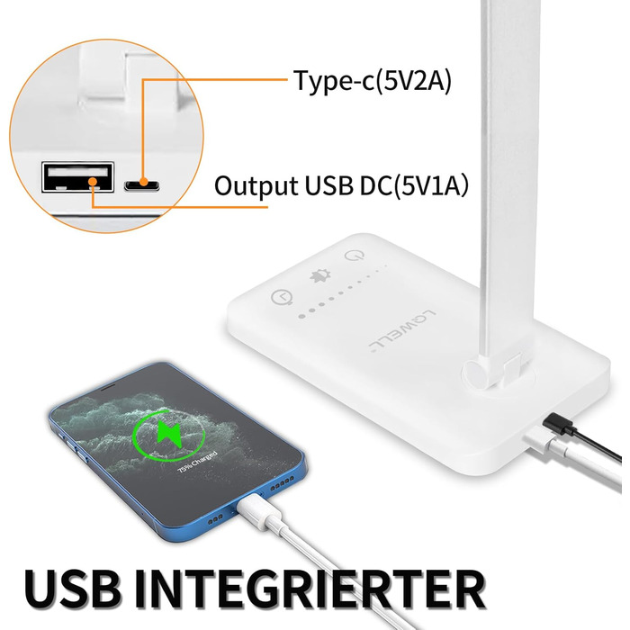 LED лампа для столу LQWELL® з регулюванням яскравості, метал, 5 кольорів, 10 рівнів, USB-зарядка, сенсорне керування, пам'ять, для дітей, офісу, білого кольору (QM019)