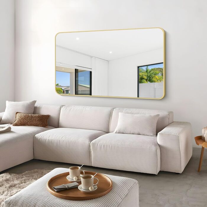 Дзеркало для ванної кімнати BONEWEI, 61 x 121,9 см, прямокутне, для монтажу на стіну, з рамою, косметичне дзеркало з округлими кутами, для спальні, вітальні, передпокою, горизонтальне (Золотий, 150x90 см)