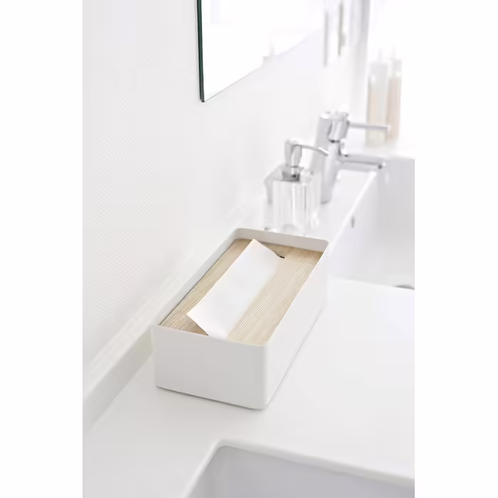 Yamazaki 7730 RIN Tissue Box with Lid, White, Wood/Steel, Minimalist, 26 x 13 x 8.2 cm