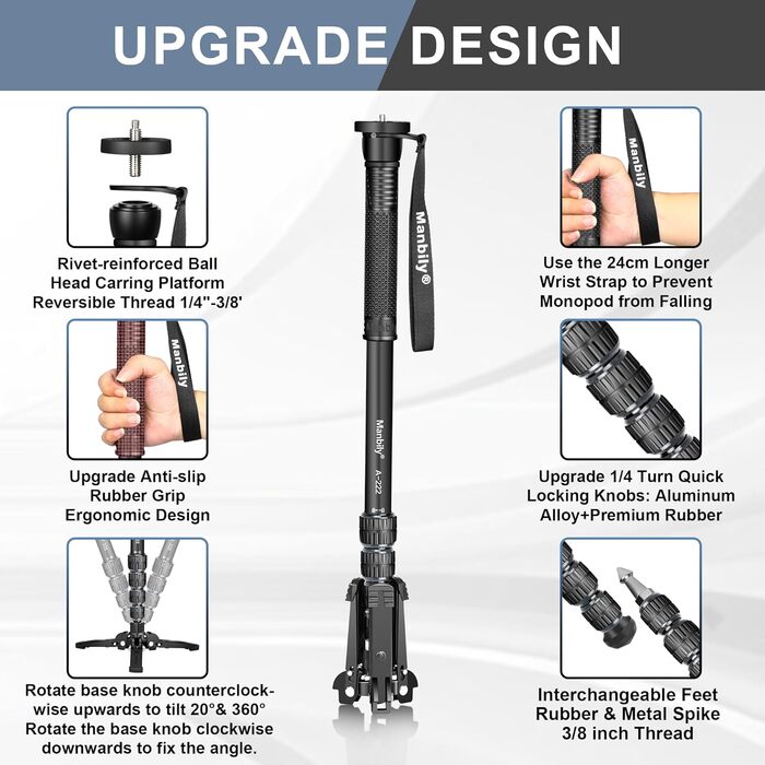 Штатив для камери Manbily A-222 з висувними ніжками з алюмінію, 5 секцій, до 170 см, 7 кг, для DSLR Canon/Sony/телефону (сірий/чорний)