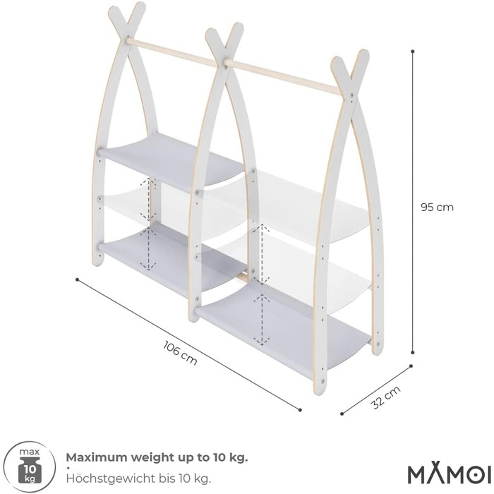 Дитяча вішалка для одягу MAMOI® для дитячої кімнати | Вішалка для дитячого одягу 106x95x32 / 53x95x32 см | Екологічна | Зроблено в ЄС