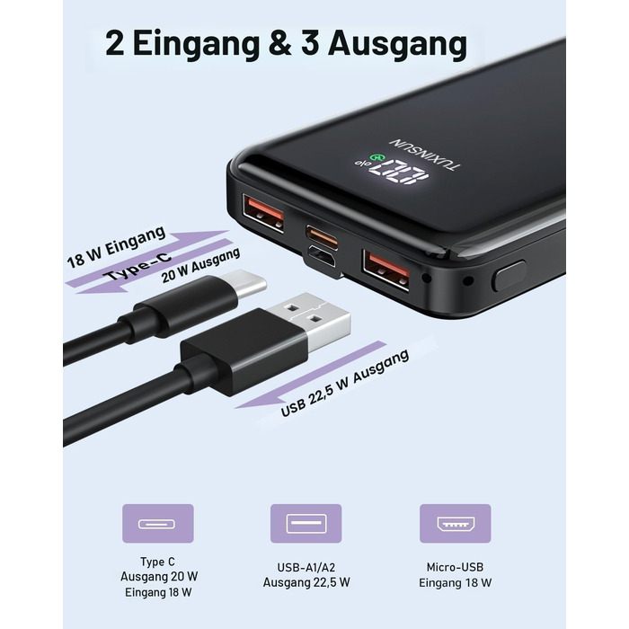 Power Bank 20000 mAh 22.5W PD3.0 QC4.0 з LCD дисплеєм, чорний - портативний акумулятор для смартфонів та смарт-годинників