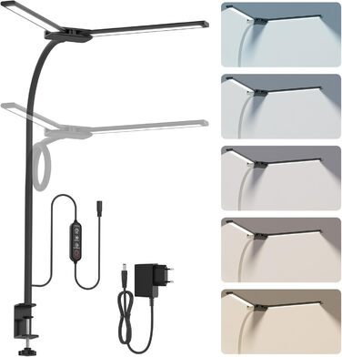 LED настільна лампа Rigors 60 см з регулюванням яскравості, 900 лм, денне світло, захист очей, 5 кольорів, 10 рівнів яскравості, гнучкий 360° шийка, з мережевим адаптером, чорний