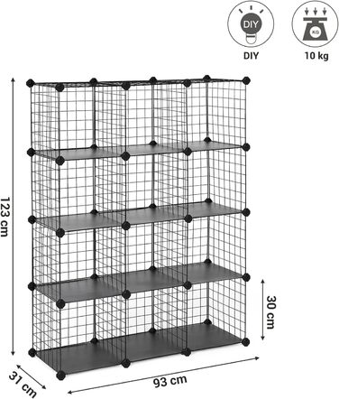SONGMICS Grid Panel Storage Rack, Shelving System, Cube Storage, Set of 12 Cubes, for Shoes, Books, Living Room, Bedroom, Expandable, 31 x 93 x 123 cm, White LPI34W (Black)