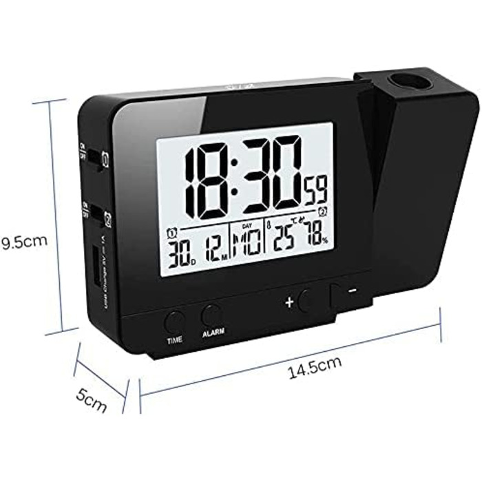 Projection Alarm Clock Digital Clock with Time, Temperature Projection, Dual Alarm, Humidity, Snooze, Timer, Calendar, USB Port (Black)