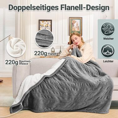 Електрична ковдра Charmofun з автовимкненням, 130x180 см, 8 режимів нагріву, таймер 12 годин, пральна машина, флісова тепла ковдра для ліжка, дивана, офісу (темно-сірий)