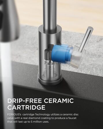 Змішувач для кухні FORIOUS висувний з душем, кухонний, L-подібний, 360° обертання, нержавіюча сталь