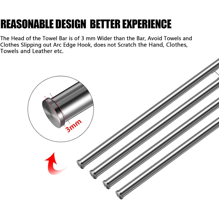 Тримач для рушників у ванну кімнату з 3-ма перекладинами, поворотний, з 3-ма кріпленнями, 40 см, нержавіюча сталь, монтаж на стіну, срібний (тримач для рушників з 4-ма кріпленнями)