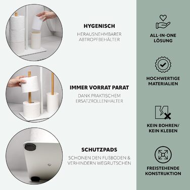 Набір для туалету Eluno 4в1: щітка для унітазу, тримач рулонів, полиця, бамбук/метал (білий)