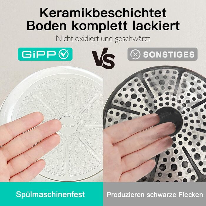 Набір посуду GiPP 17-ти частинний: каструлі, сковорідки з антипригарним покриттям, сковорідки 24+28 см, каструля 4.2 л, каструлі 16+18 см, сковорода для омлету з 4-ма отворами, лопатка та ложка, підходить для всіх типів плит (білий)