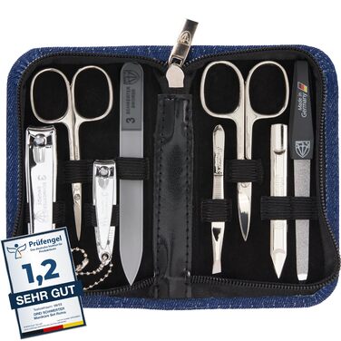 Набір для манікюру DREI SCHWERTER 'Roma' з 8 інструментами: ножиці для нігтів, ножиці для кутикули, кусачки для нігтів, інструмент для очищення нігтів, пінцет, скляний наперсток для нігтів, алмазний наперсток для нігтів - колір джинс/блакитний