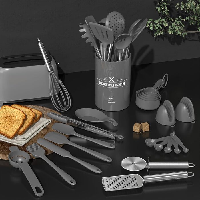 Набір кухонного приладдя Umite Chef, 43 предмети: лопатки, ложки, вінчики з нержавіючої сталі, силіконові, антипригарні, жаростійкі, сірий колір