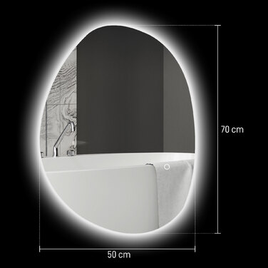 Дзеркало для ванної кімнати HOMCOM 70 x 50 см з асиметричною формою, LED-підсвіткою, сенсорним перемикачем та функцією запобігання запотіванню, срібного кольору