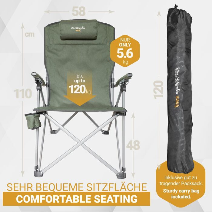 Крісло кемпінгове Dieckkiners Ehlin, сталеве, складане, з високою спинкою (3 положення), для балкона, саду, тераси, зелене