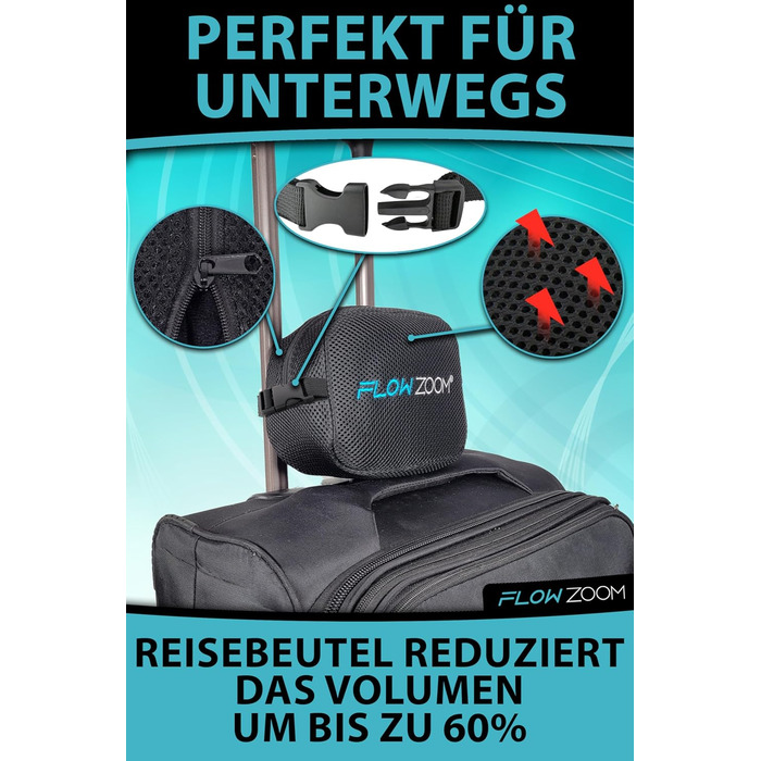 Подушка для шиї FLOWZOOM Comfy для подорожей: регульована, з memory foam, для автомобіля та літака, 360° підтримка, дихаючий чохол, з транспортним мішечком, сіра (Dream - чорна)