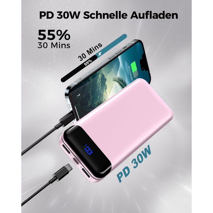 Enerwow Power Bank 27000mAh: Швидка зарядка 30W PD, Digital Display, USB-C, Рожевий | Powerbank для iPhone 15/14/13/12 Pro Max та інші пристрої