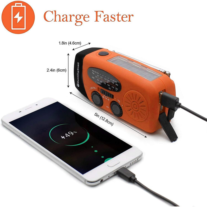 Радіо Solar Radio: портативне радіо з ручним приводом, динамо, AM/FM, 2000mAh Powerbank, ліхтарик LED, зарядка USB для мобільного телефону, для кемпінгу та відпочинку на природі, оранжевий колір