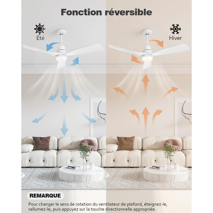 Стеляний вентилятор з підсвіткою та пультом дистанційного керування, тихий DC мотор, 132 см/52 дюйми, 3 дерев'яних лопаті, таймер, 6 швидкостей, сертифікований ETL, режим літо/зима для спальні (132см/52 дюйми, Білий)