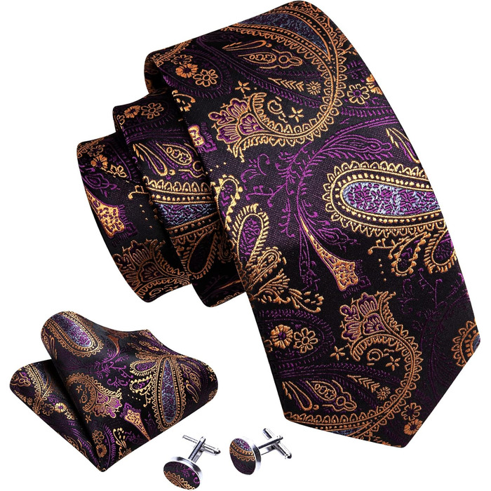 Набір краваток Barry.Wang для чоловіків: візерунок пає, тканина - шовк, з чохлом, краваткові затискачі, формальний стиль (темно-фіолетовий, золотий)
