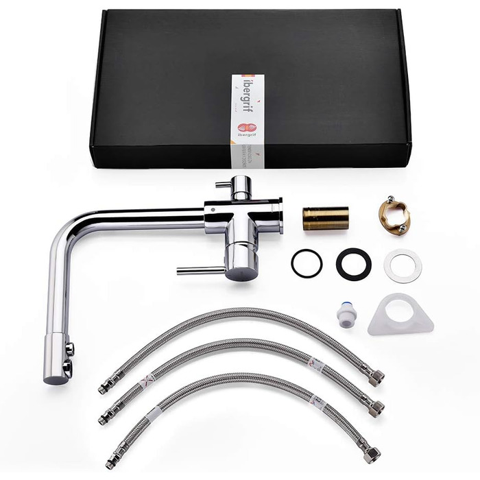 Кухонний змішувач 3-в-1 з обертанням 360° з нержавіючої сталі, з двома ручками, для фільтрації води, гарячої та холодної води, високого тиску, 3 шланги по 50 см