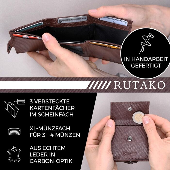 RUTAKO Slim Wallet with XL Coin Pocket & RFID Protection - Card Holder for Men & Women - Small Credit Card Wallet - Mini Purse - Small Portmonee/Portemonnaie - Wallet Carbon Brown
