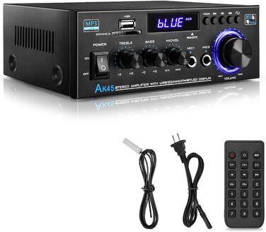 KKMOL AK45 Міні Hi-Fi стерео підсилювач Bluetooth, 400 Вт, 2-канальний, цифровий аудіо підсилювач з USB, SD, радіо, пультом, 12V/220V