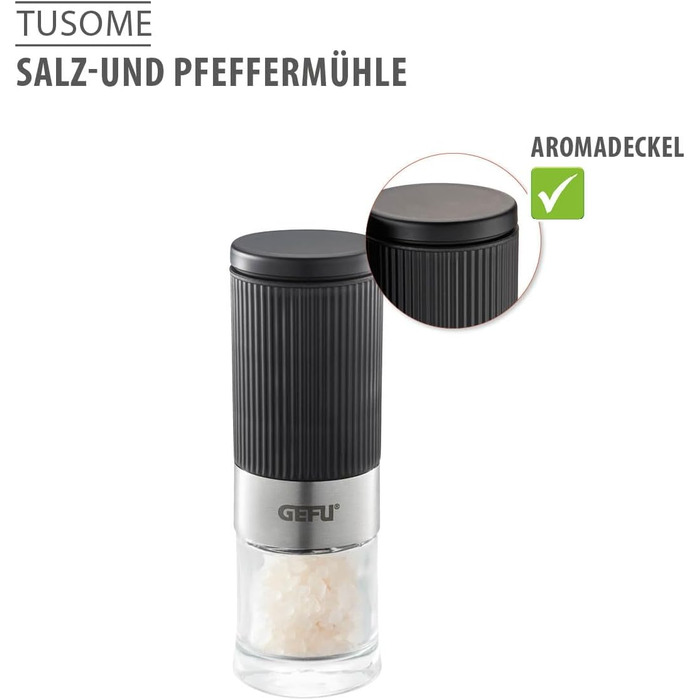 Набір мельниць для солі та перцю GEFU TUSOME, 2 шт. – міні мельниці з регульованим керамічним механізмом та кришками для аромату. Включає набір для сервірування столу |